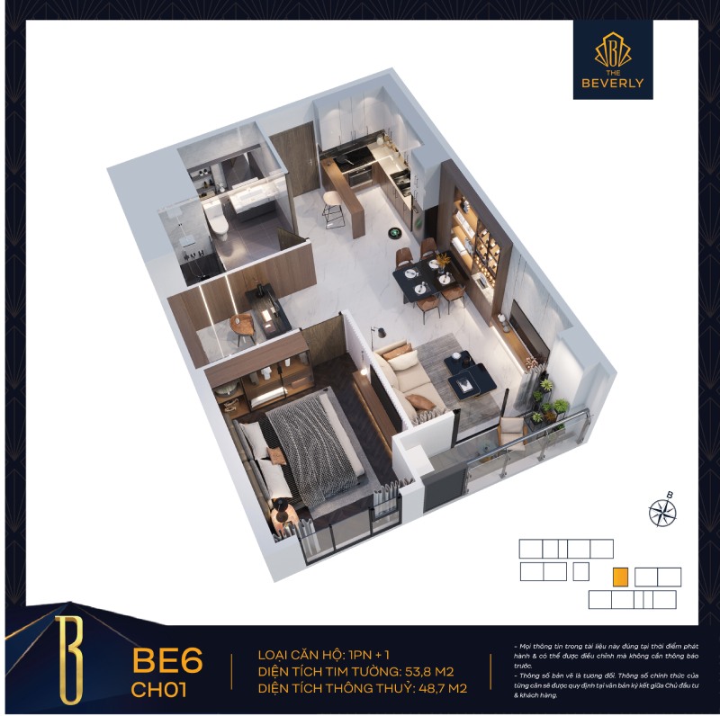 Bản vẽ layout bố trí căn hộ 1 phòng ngủ (1PN+) đa năng tại The Beverly