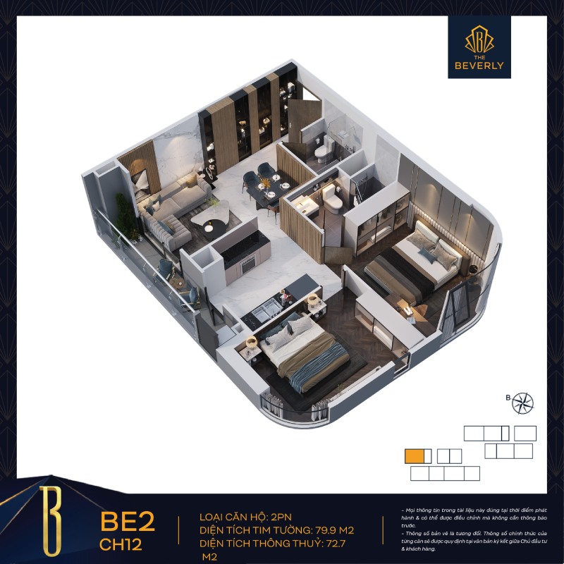 Bản vẽ layout căn hộ 2 phòng ngủ rộng rãi, view công viên tại The Beverly