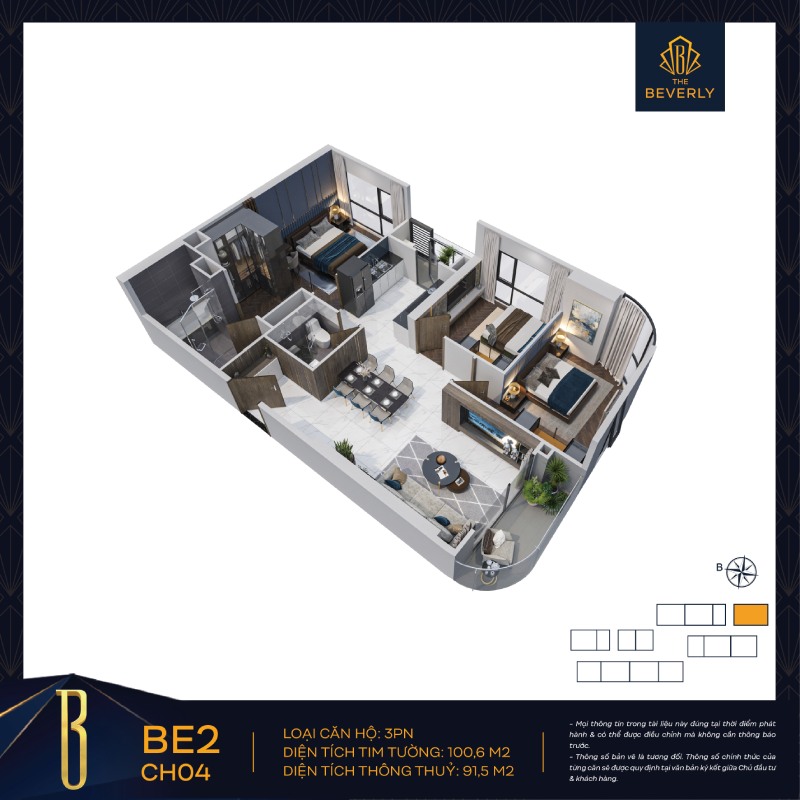 Bản vẽ layout căn hộ 3 phòng ngủ góc siêu sang tại The Beverly Vinhomes