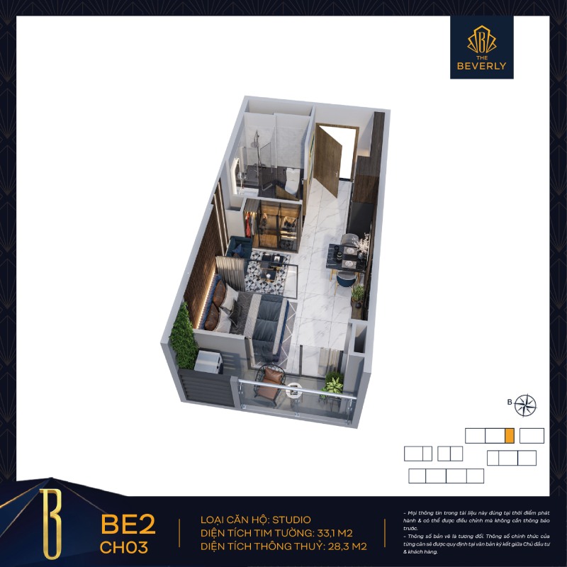 Bản vẽ layout bố trí mặt bằng căn hộ Studio nhỏ gọn tại The Beverly