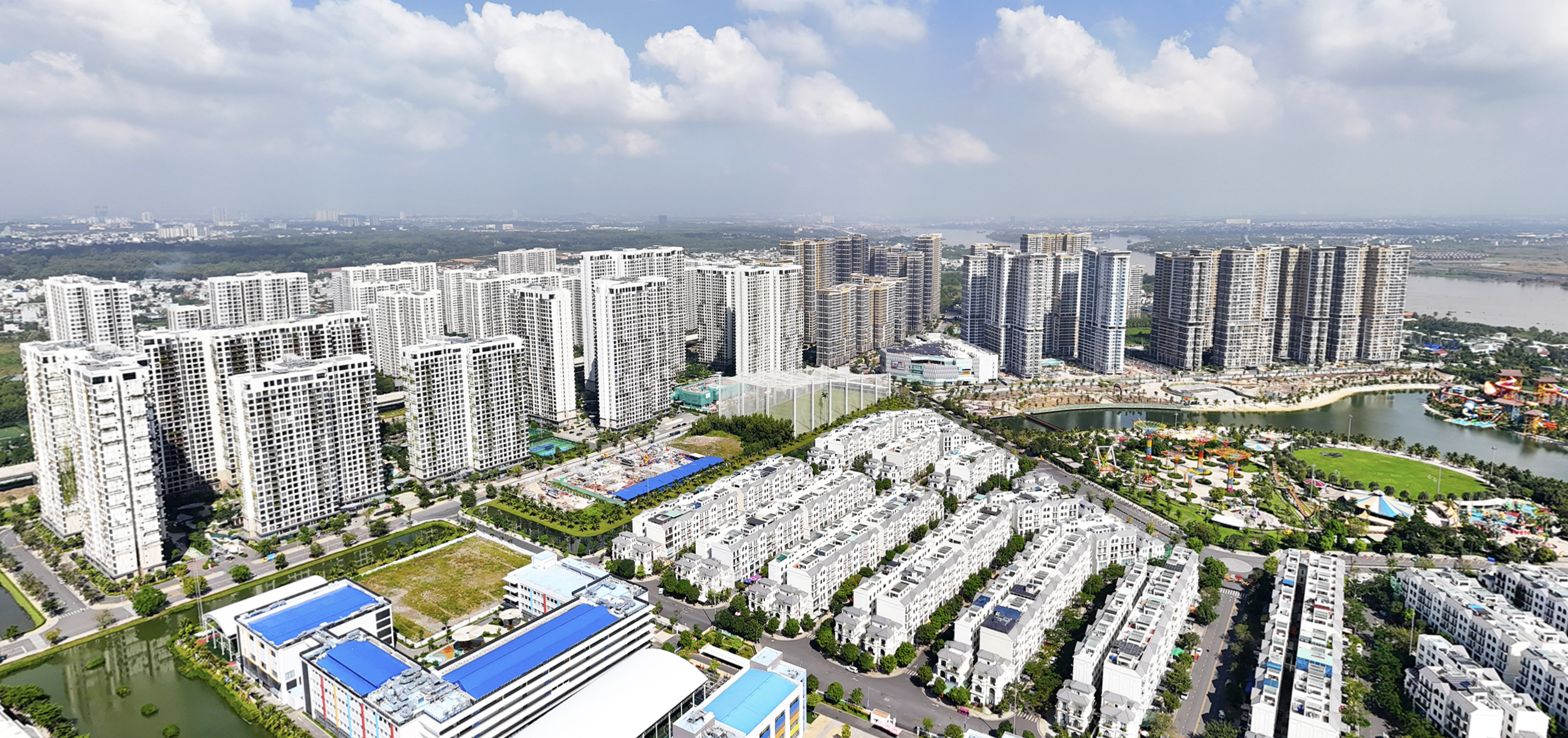 Phối cảnh quy hoạch đồng bộ toàn cảnh siêu đô thị thấp tầng cao cấp kết hợp cảnh quan xanh đại lộ