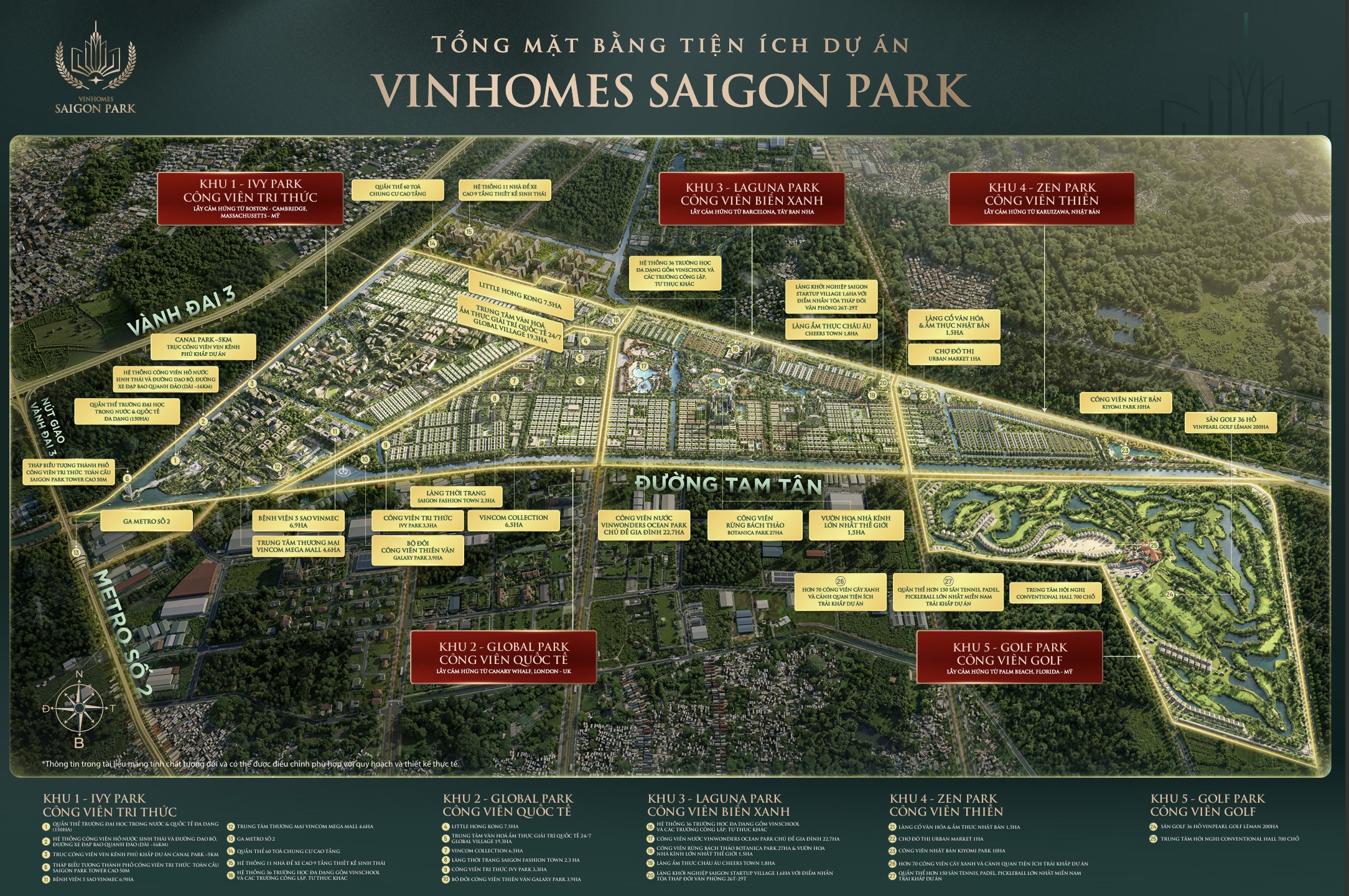 Bản đồ quy hoạch tổng thể 5 phân khu công viên chủ đề tại đại đô thị Vinhomes Saigon Park