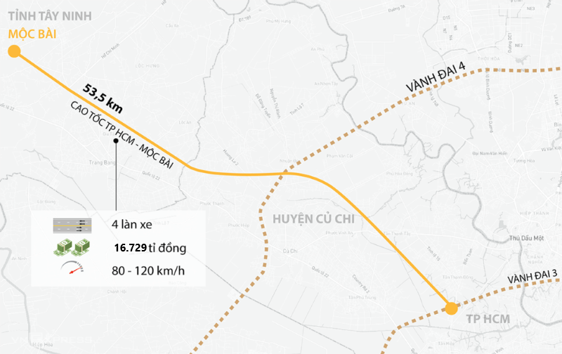 Bản đồ hướng tuyến đường Cao tốc TP.HCM - Mộc Bài kết nối Vành đai 3 và Vành đai 4