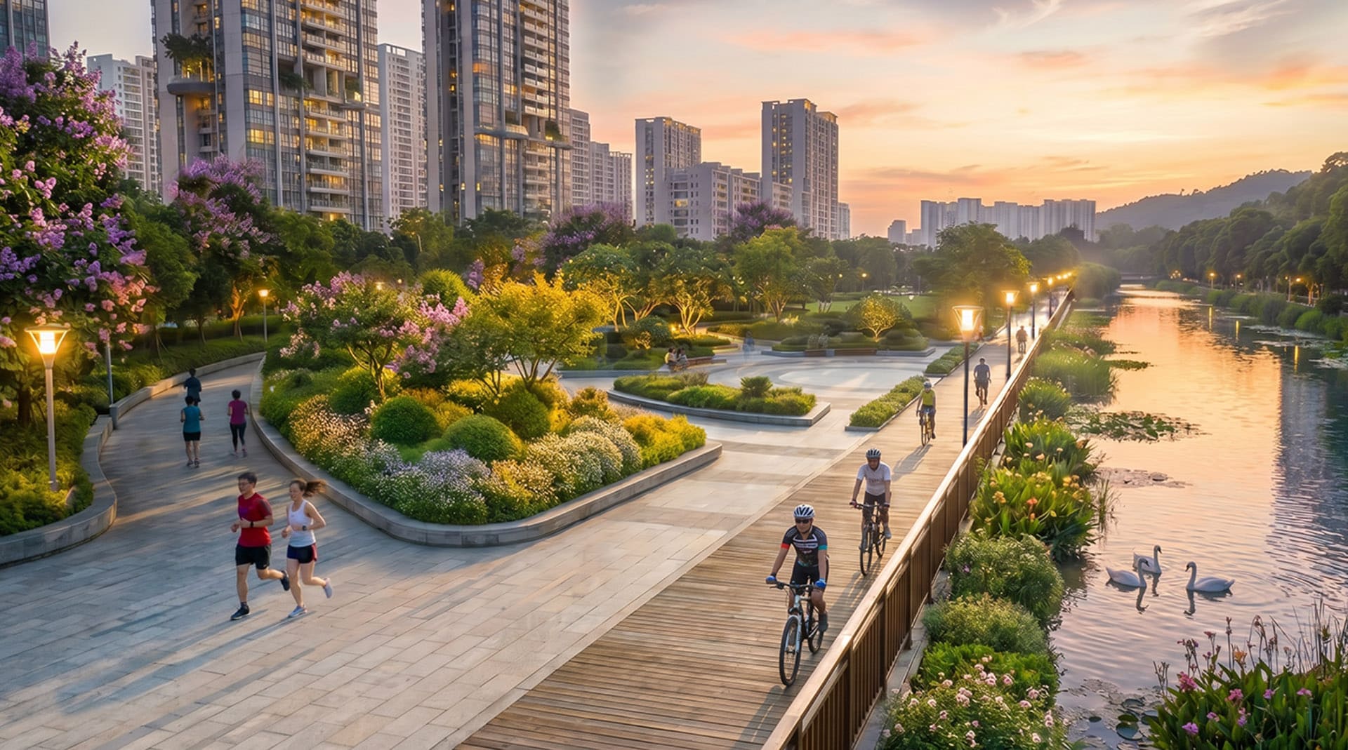 Hồ cảnh quan sinh thái kết nối các tiện ích thư giãn tại Vinhomes Saigon Park