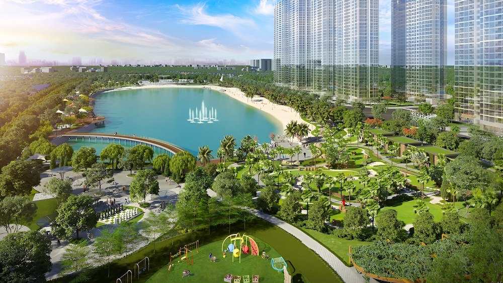 Phối cảnh tổng thể các dòng sản phẩm tại Vinhomes Hóc Môn, bao gồm cả căn hộ cao tầng và nhà phố thấp tầng xen kẽ cảnh quan xanh