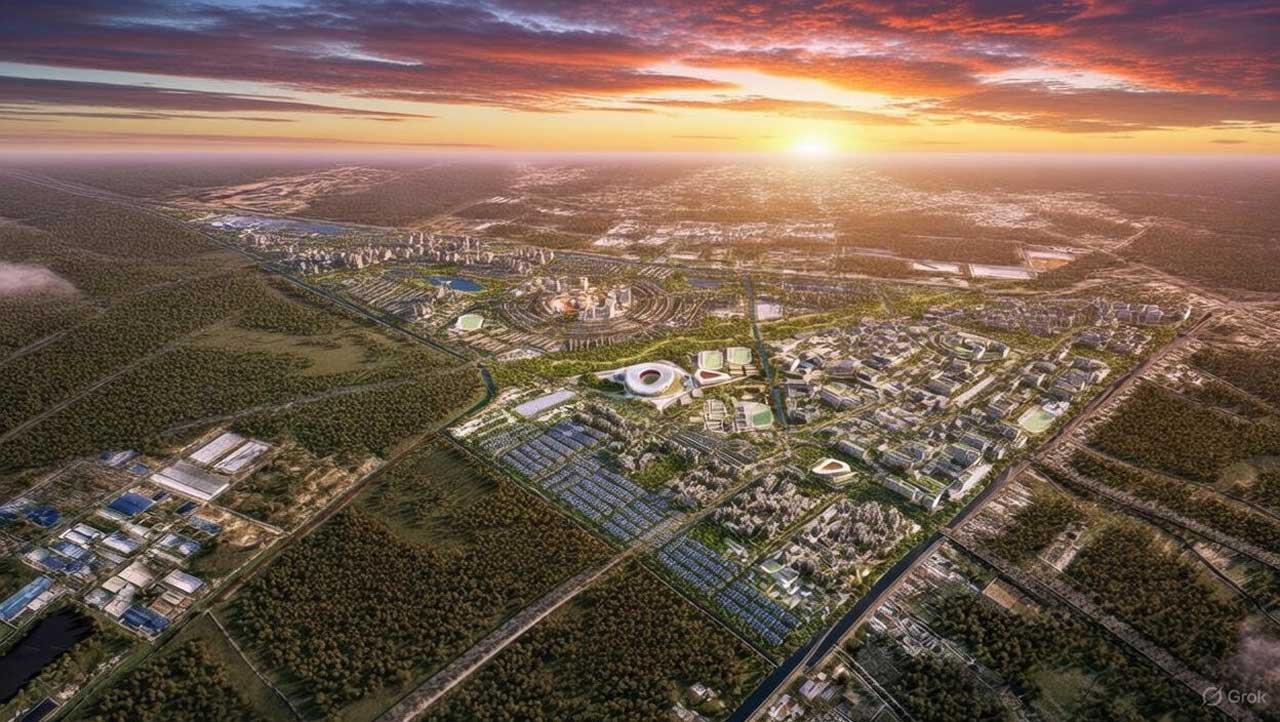 Phối cảnh tổng thể siêu đô thị Vinhomes Hóc Môn nhìn từ trên cao với hệ sinh thái đa dạng