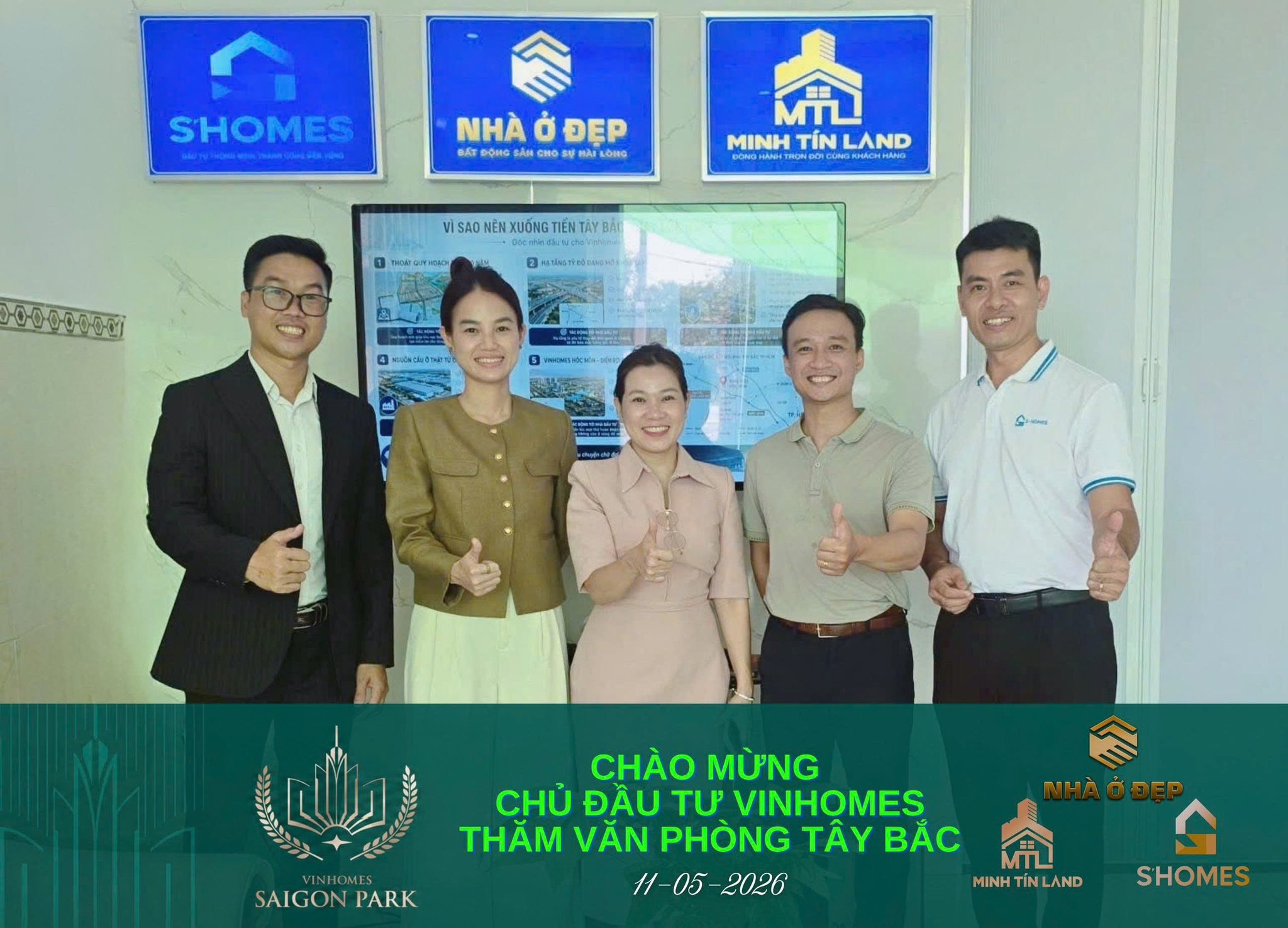 Ban lãnh đạo Minh Tín Land, Shomes, Nhà Ở Đẹp chụp ảnh lưu niệm cùng đại diện CĐT Vinhomes Saigon Park sáng 11/05/2026