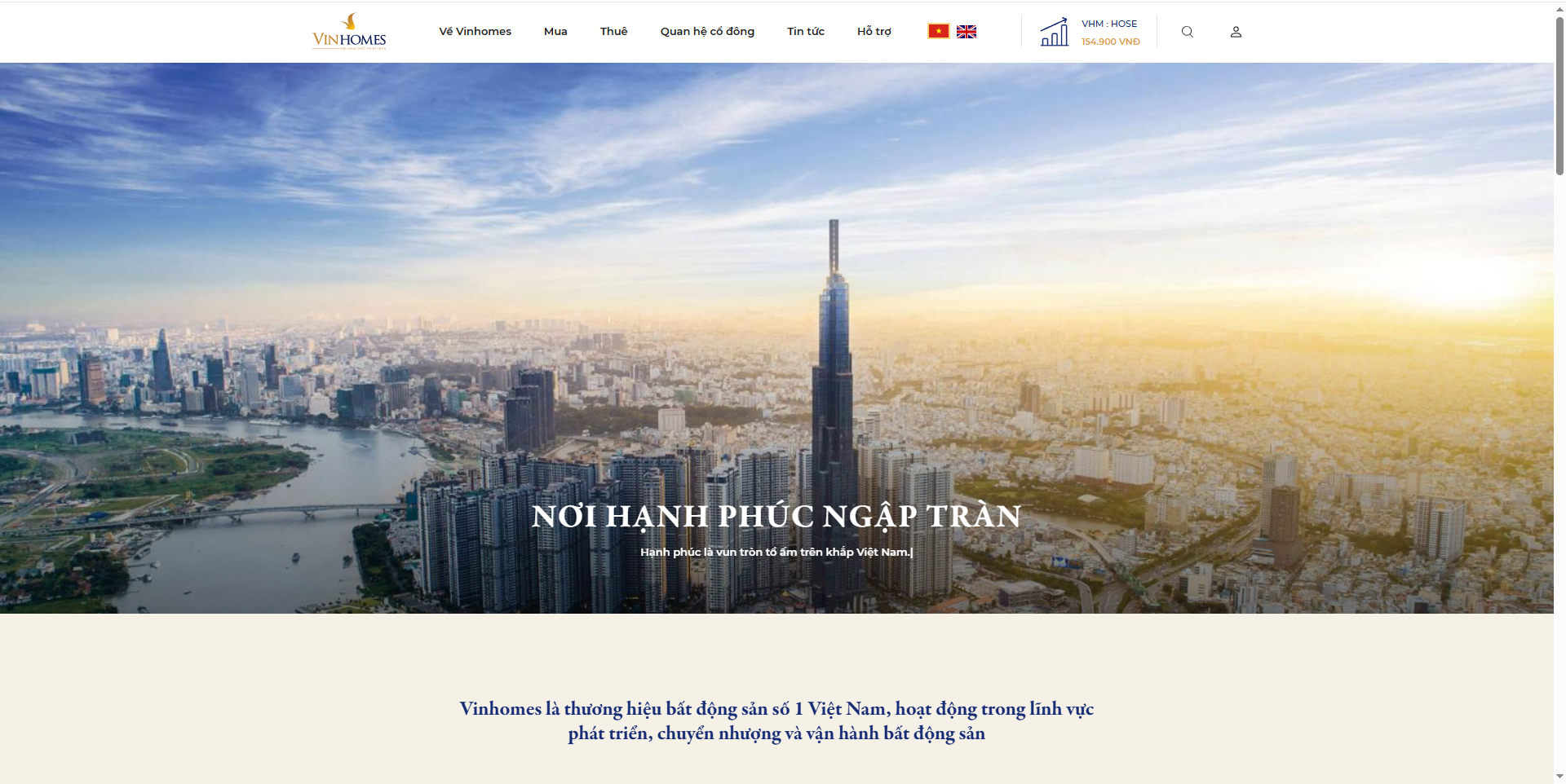 Giao diện trang chủ website chính thức của Vinhomes