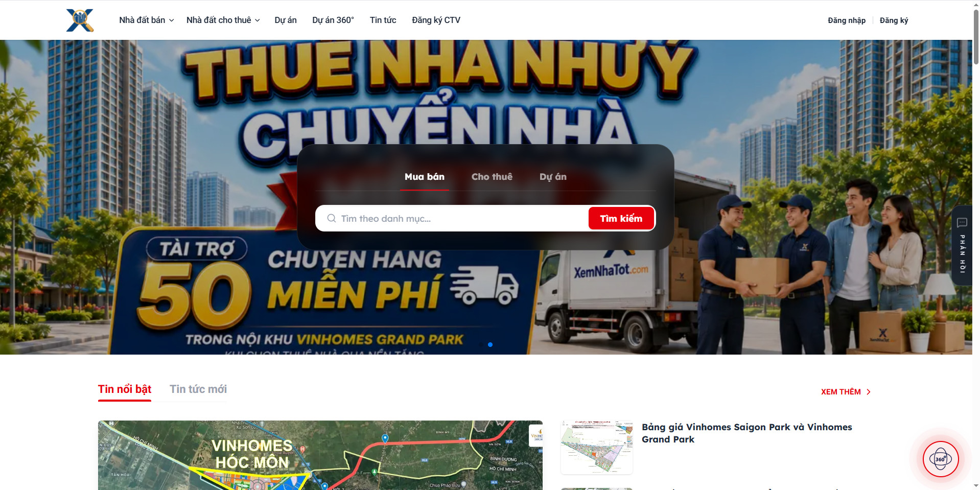 Giao diện tổng quan trang chủ hệ thống tra cứu dữ liệu bất động sản XemNhaTot.com