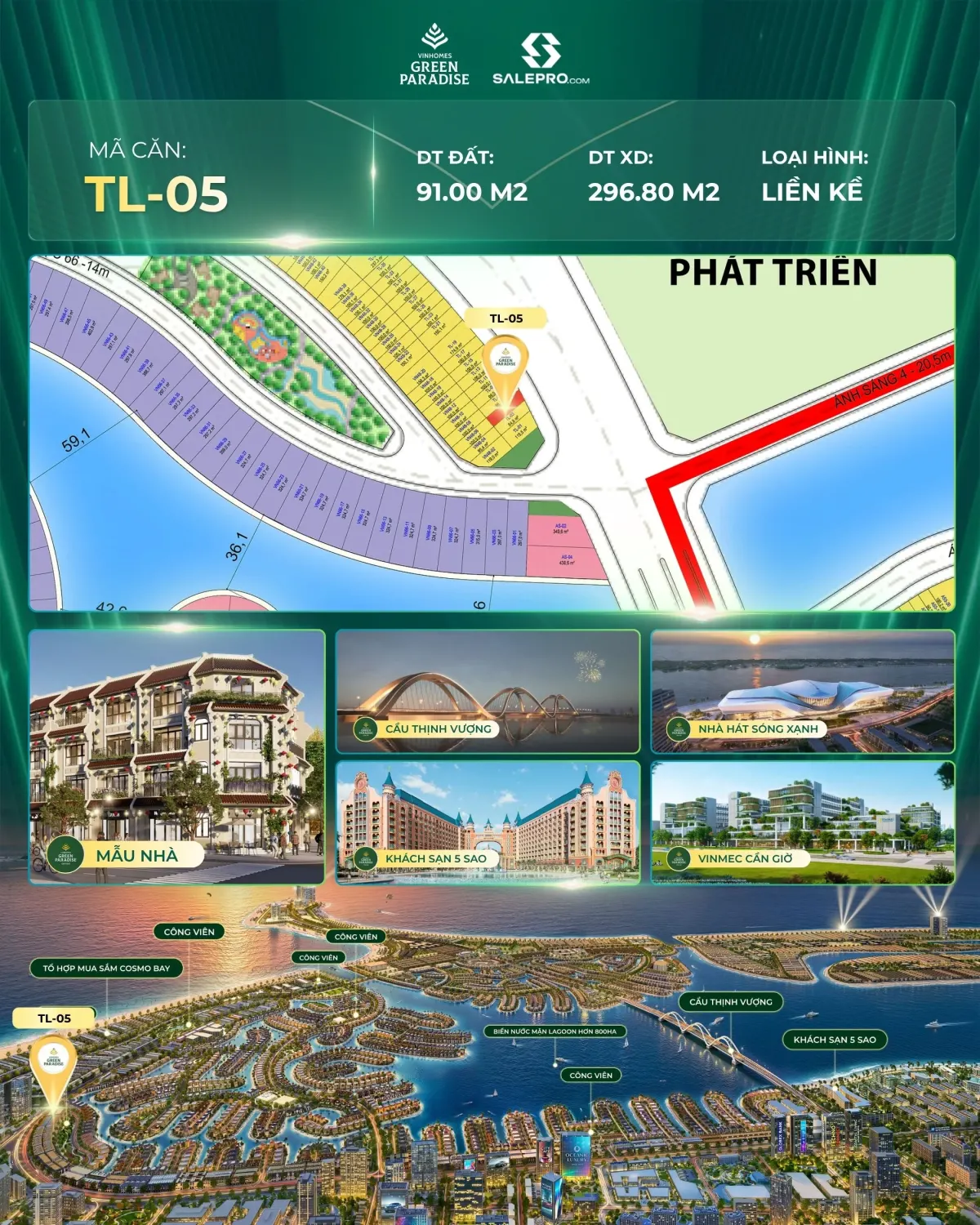 Bán Nhà Phố Liền Kề Vinhomes Green Paradise Cần Giờ | Đối Diện Đường 50m | Giá 17.64 Tỷ