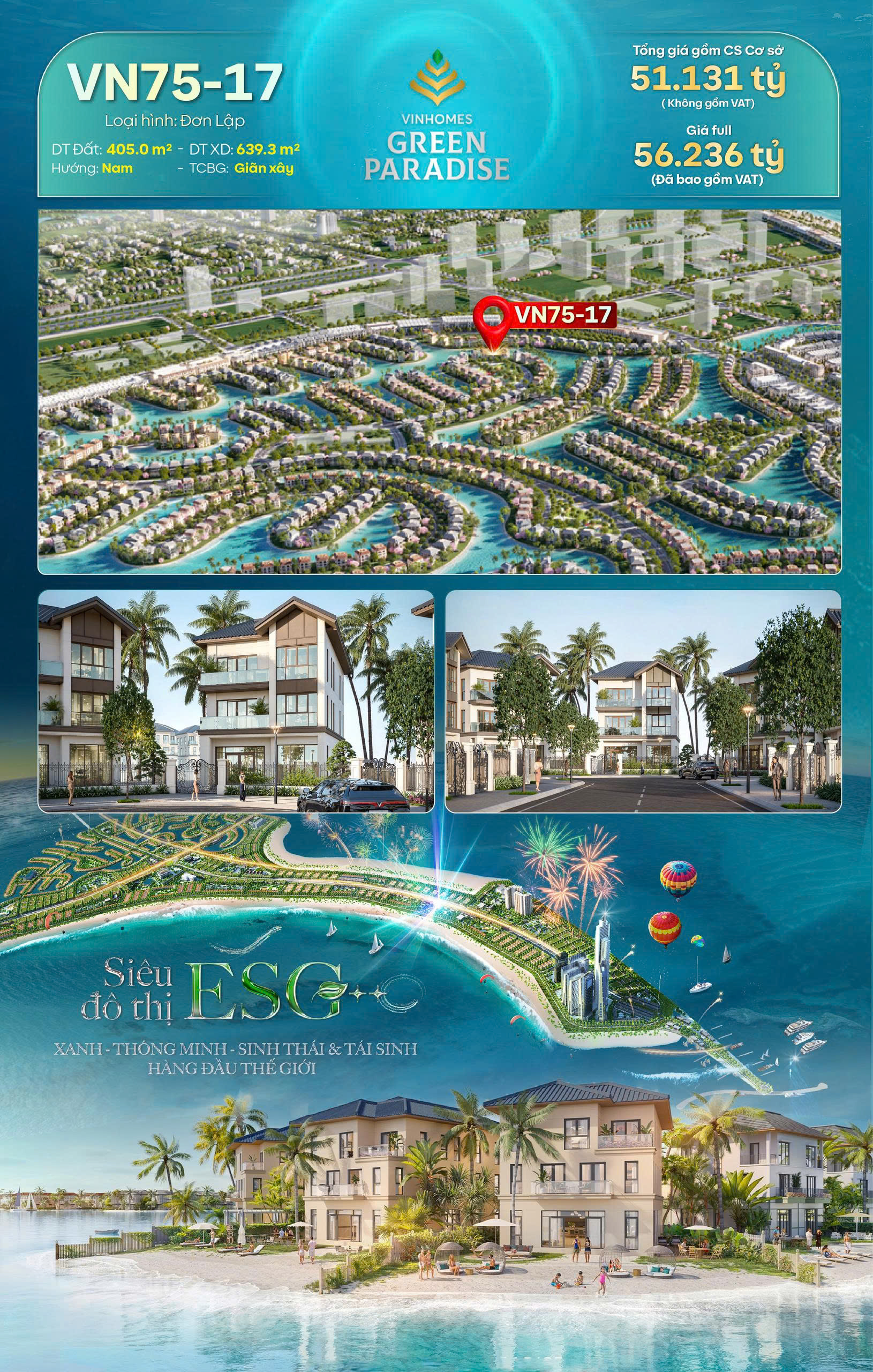 Bán biệt thự Vinhomes Green Paradise Cần Giờ | Biệt thự đơn lập | Giá Full 56.236 tỷ