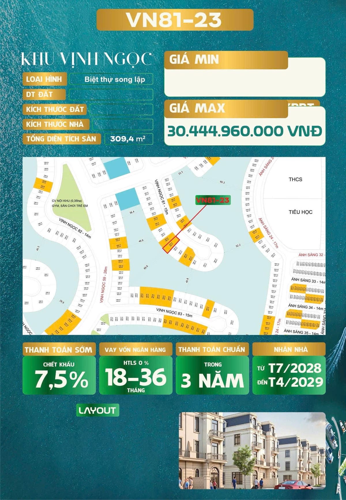 CHO THUÊ BIỆT THỰ SONG LẬP VINHOMES CẦN GIỜ – CĂN VN57-01 VIEW HỒ CẢNH QUAN, KHÔNG GIAN NGHỈ DƯỠNG