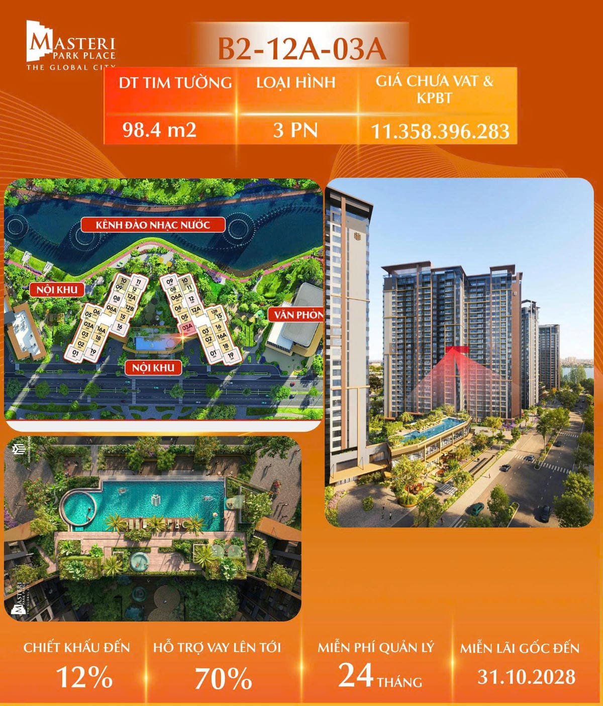 Bán căn hộ 3 phòng ngủ Masteri Park Place – Căn B2-12A-03A | View Kênh Đảo Nhạc Nước | Giá chỉ 11.358tỷ