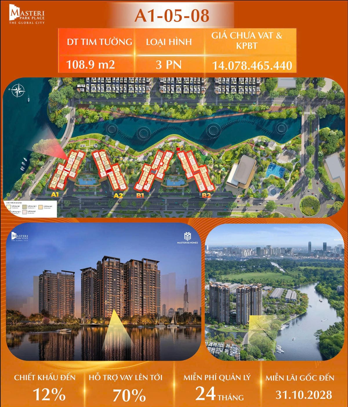 Bán căn hộ 3PN2WC Masteri Park Place – Căn A1-05-08 | View Đảo & Kênh Nhạc Nước | Diện tích lớn 108.9m² | Giá chỉ 14.07 tỷ