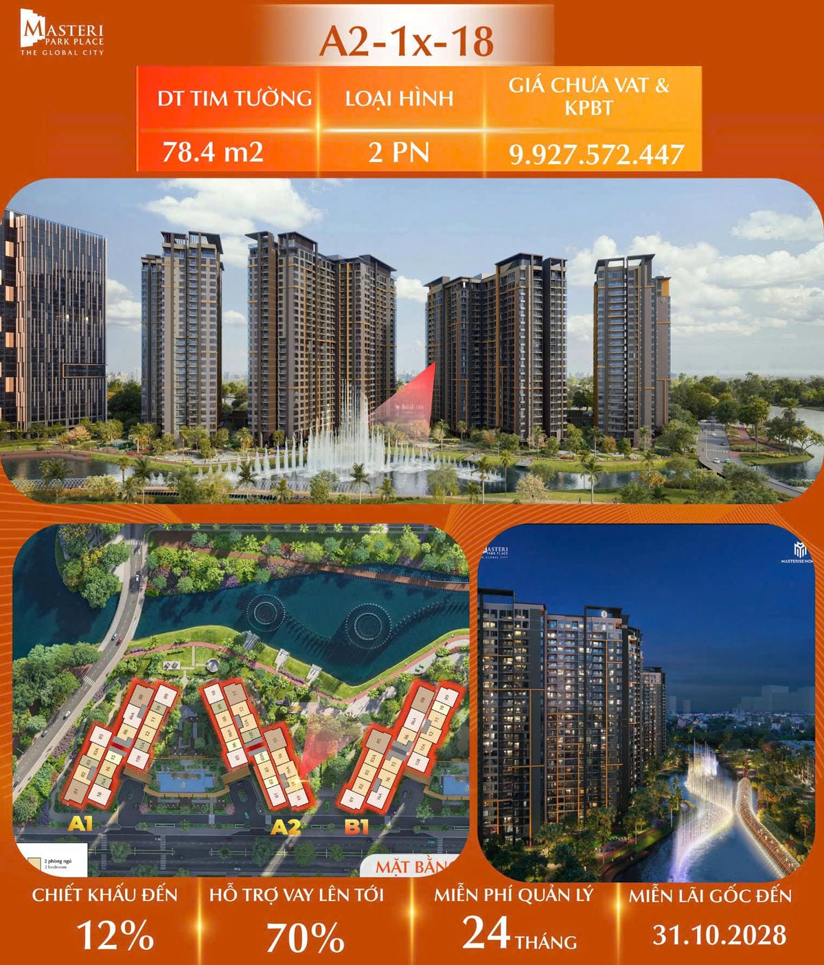 Cần bán siêu phẩm Masteri Park Place 2PN – Căn A2-1X-18 | Giá chỉ từ 9.927 tỷ