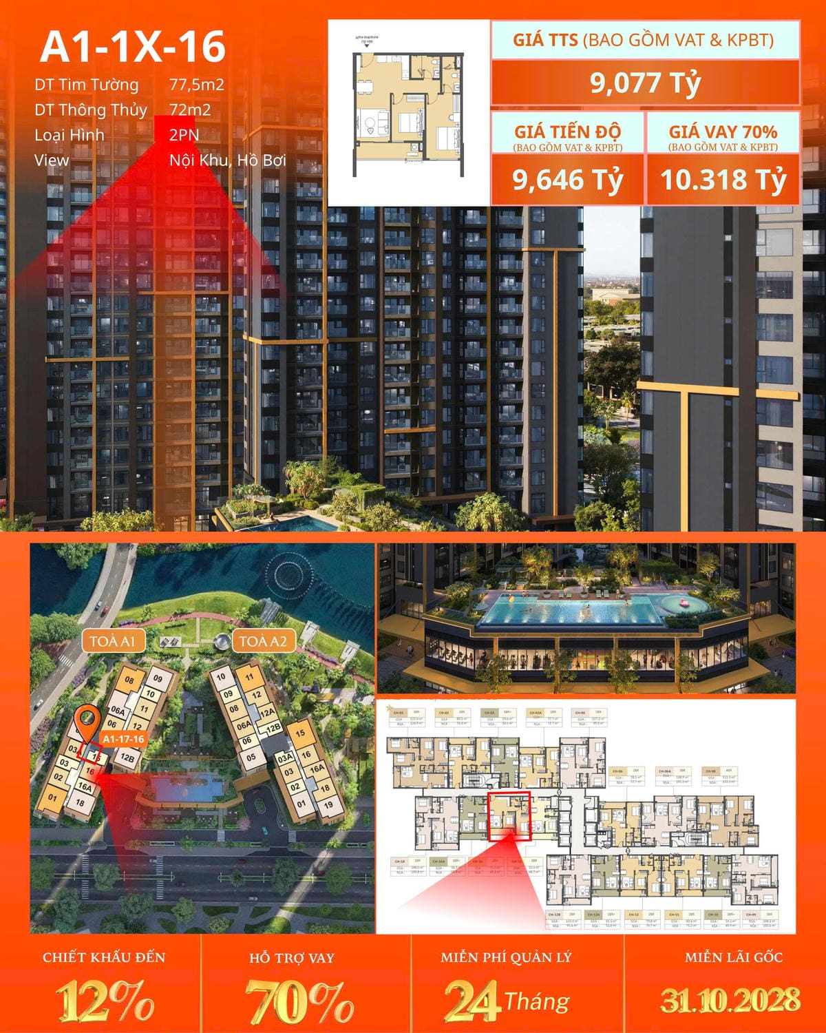 Bán căn hộ 2PN Masteri Park Place – Căn A1-1X-16 | View Nội Khu – Hồ Bơi | Giá tốt chỉ từ 9.077 tỷ