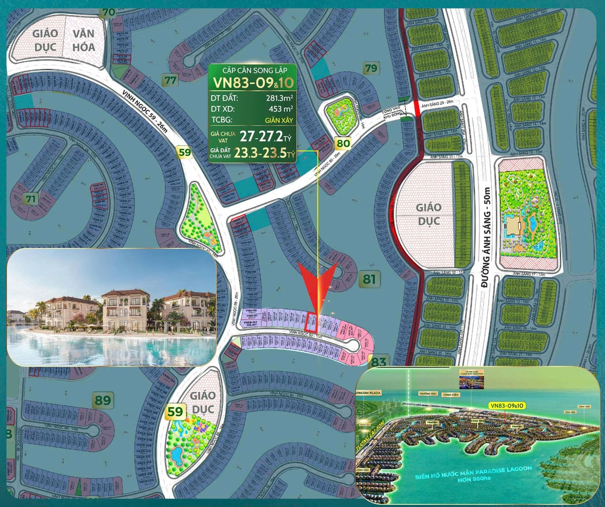 BÁN CẶP CĂN SONG LẬP VN83-09&10 – VINHOMES CẦN GIỜ  View hồ biển Paradise Lagoon • Vị trí trung tâm • Giá chỉ 27 tỷ