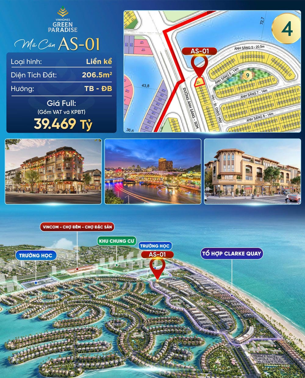 BÁN NHÀ PHỐ LIỀN KỀ VINHOMES GREEN PARADISE CẦN GIỜ – CĂN AS-01 (206,5m²) – 39,469 TỶ (FULL VAT & KPBT)