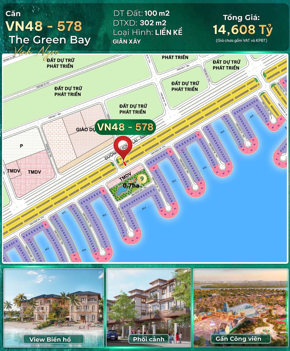 BÁN NHÀ PHỐ LIỀN KỀ THE GREEN BAY (VỊNH NGỌC) – VINHOMES GREEN PARADISE CẦN GIỜ – CĂN VN48-578 (100m²) – 14,608 TỶ (GIÃN XÂY)