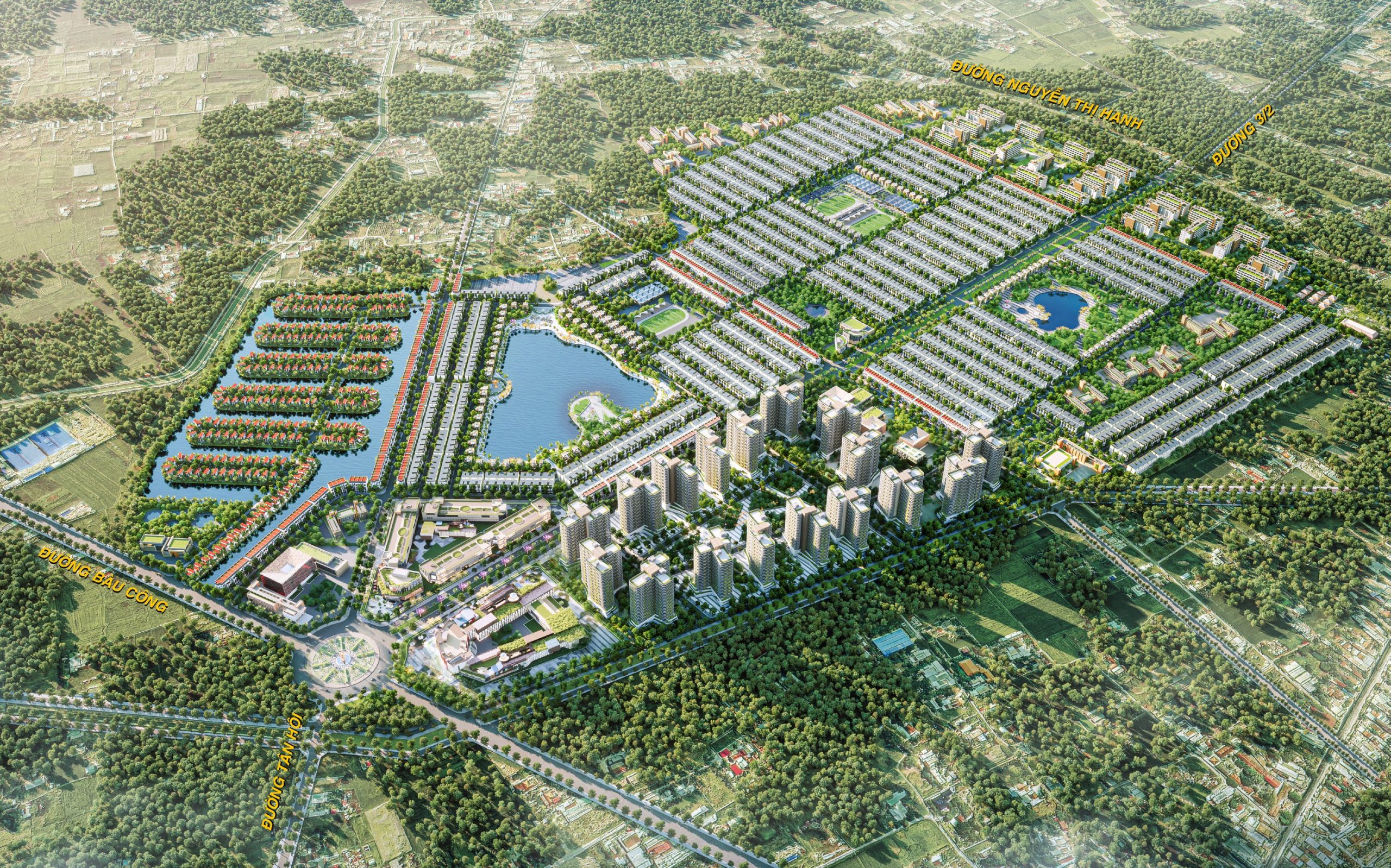 Phối cảnh tổng thể Vinhomes Green City Long An với hồ điều hòa và khu nhà phố thấp tầng